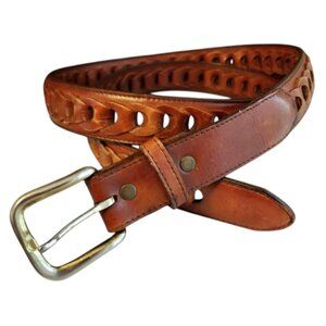 Brown Leather Woven Braided Belt, Men's Size 42, Unisex